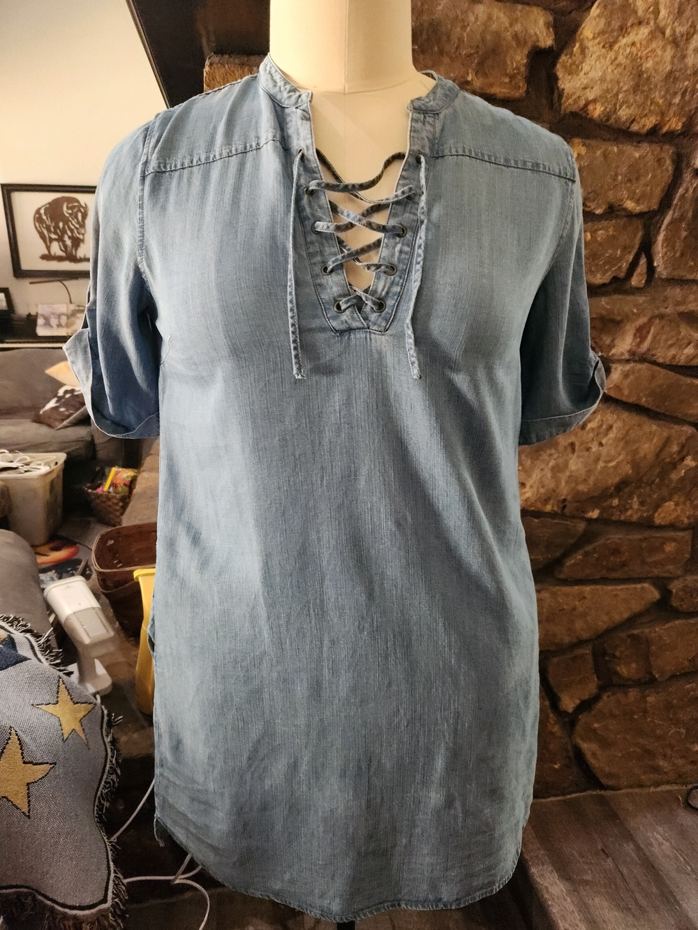 Philosophy Light Blue Denim-Look Lace-Up Dress